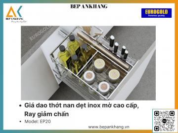 Kệ dao thớt nan dẹt inox mờ cao cấp, Ray giảm chấn Eurogold EP20 - 200mm - Inox 304